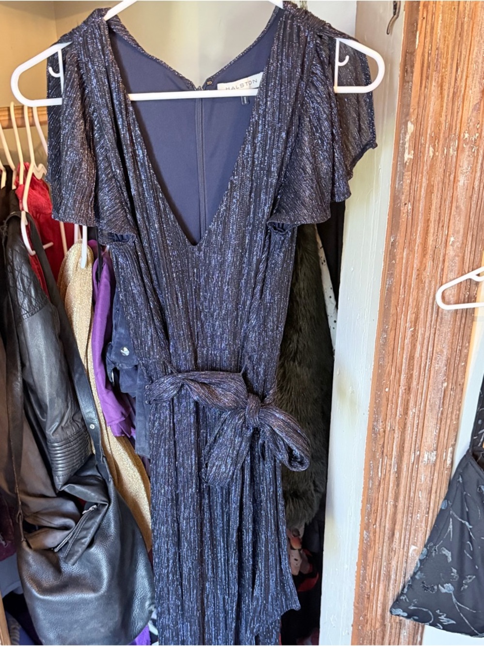 Halston Heritage midnight metallic formal maxi 70s glam Navy Blue Shimmery Dress